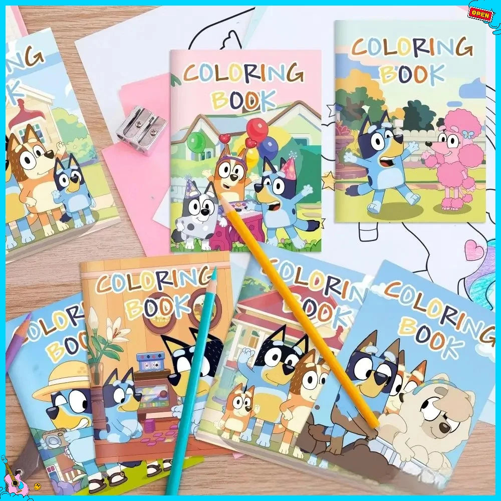 12er-Set Bluey Blue Dog DIY Malbuch für Feiertage und Partys, farbenfrohes Stoff-Zeichenbuch, halbierbares Bilderbuch, Graffiti-Malbuch