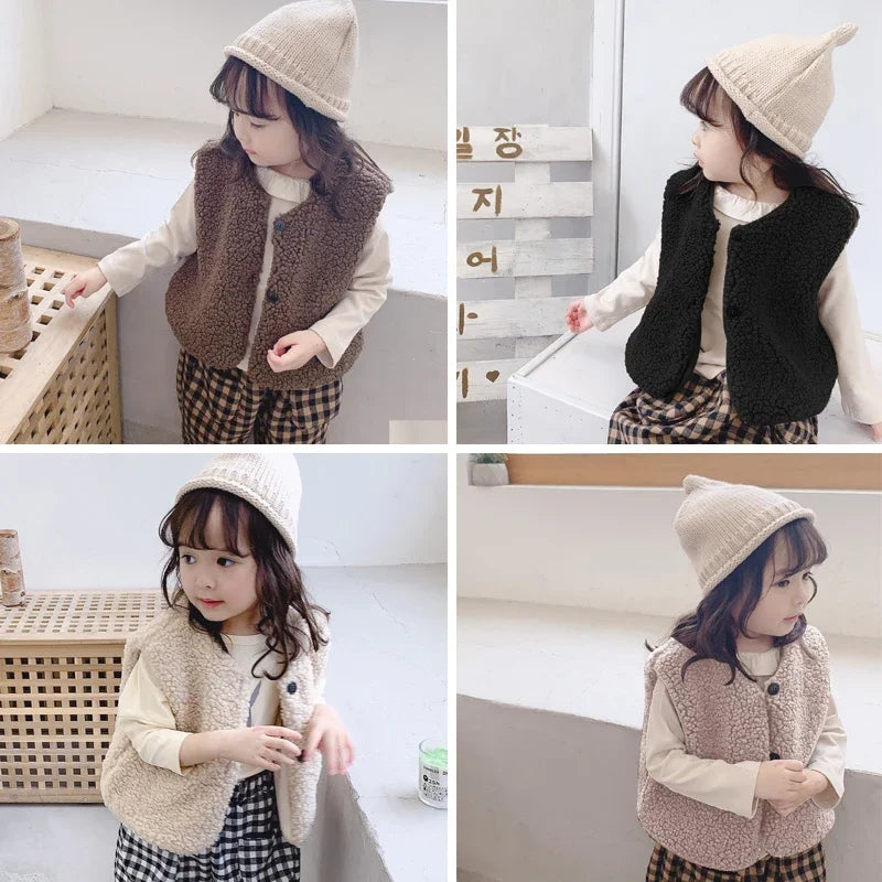 Neue Baby Lamm Wolle Plus Samt Weste Herbst Winter Mädchen Jungen Plüsch Weste Einreiher V-ausschnitt Kind Warme Mode Warme Mantel