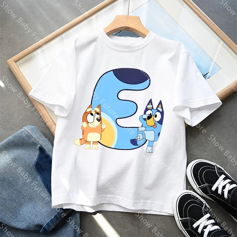 Blueys T-Shirt für Jungen und Mädchen, Cartoon-Buchstaben A-Z, Namenskleidung, Oberteile, Sommer, atmungsaktiv, niedliches Anime-Kurzarmshirt, neue Geburtstagsgeschenke