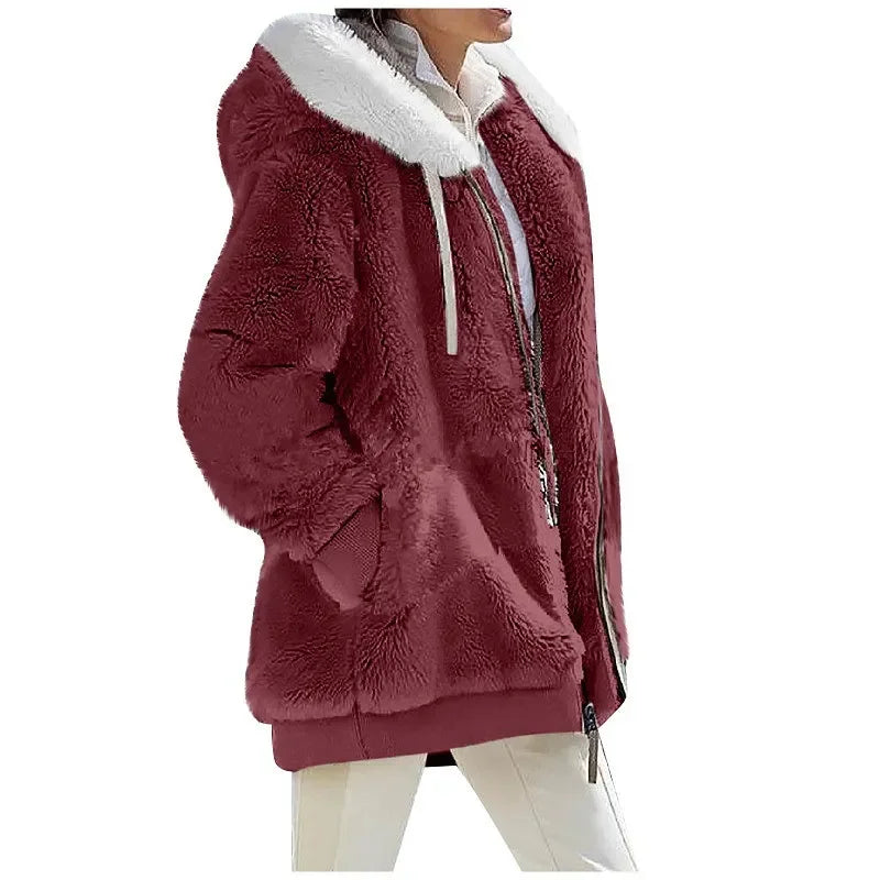 Herbst Winter Mode Damen mantel neue lässige Kapuze Reiß verschluss Dame Kleidung Kaschmir weibliche Fleece jacke einfarbige Damen mäntel