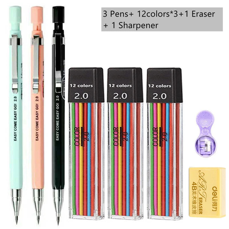 Druckbleistift-Set 2,0 mm mit 2B-Schwarz/Farben-Minenminen zum Schreiben, Skizzieren, Kunst, Zeichnen, Malen, Schule, automatischer Bleistift