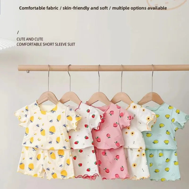 Erdbeer-Pyjama-Set für Babymädchen, Sommer, kurzärmelig, dünn, zweiteilig, Kleinkinder-Schlafanzug, Baby-Heimkleidung