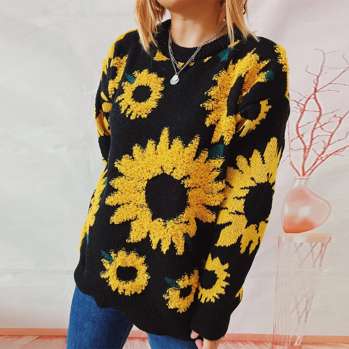 Damen Herbst Pullover Damen Mode Rundhalspullover mit Blumendruck, vielseitig einsetzbar für Herbst und Winter Herbst Pullover Damen