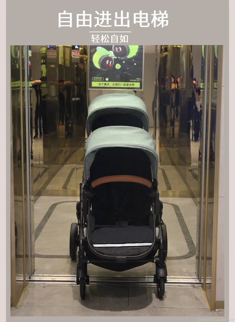 3-in-1-Zwillings-Kinderwagen mit Autositz für zwei Kinder, faltbar, stoßdämpfender Kinderwagen mit hoher Landschaft
