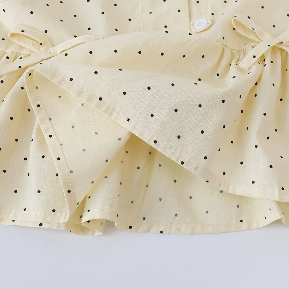 Bear Leader Baby-Mädchen-Freizeitkleidung, Rundhalsausschnitt, ärmelloses Polka-Dot-Oberteil + Hose mit weitem Bein, 2-teiliges Set mit Schleife und Knopf