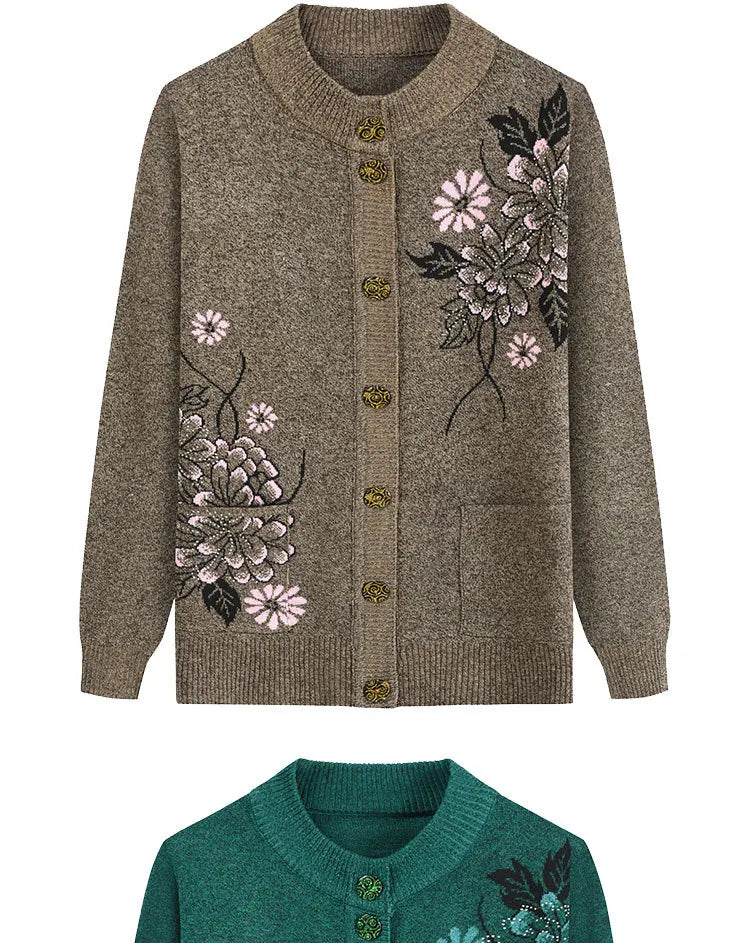 Neue Druck Mittleren Alters Mutter der Frühling Herbst Langarm Pullover Frauen Gestrickte Bodenbildung Shirt Wolle Winter Oma Strickjacke