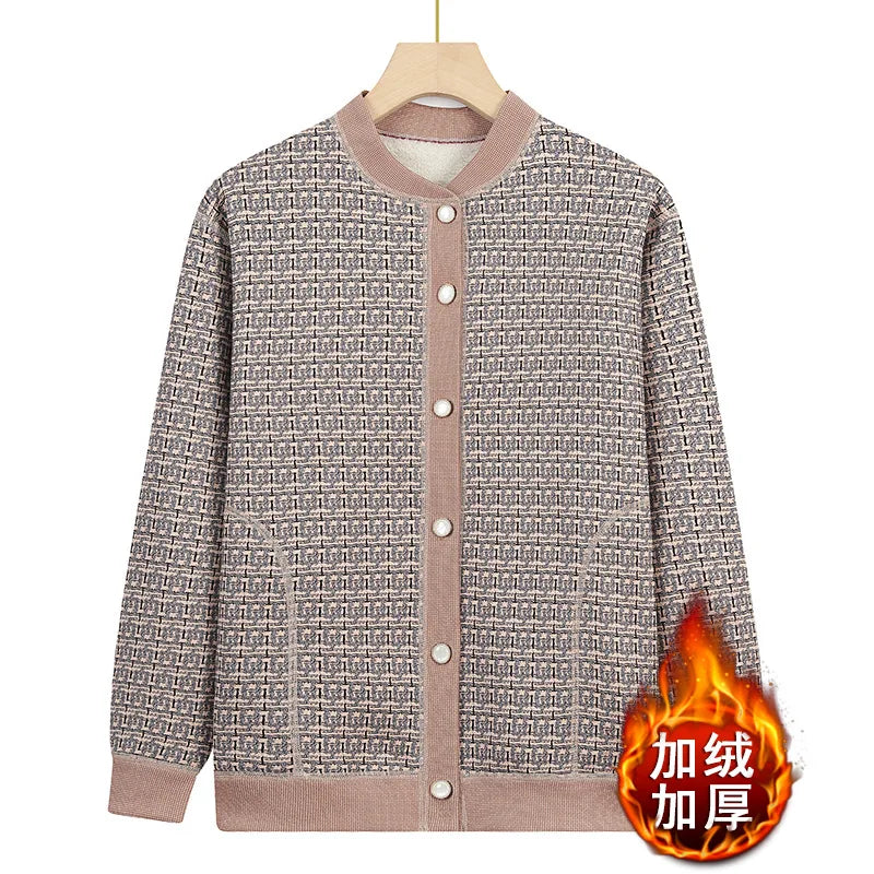 Verdicken Samt Plaid Pullover Für Frau Langarm Top Heißer Herbst Winter Oma Kleidung Warme Strickjacke Frauen Strickwaren Jacke