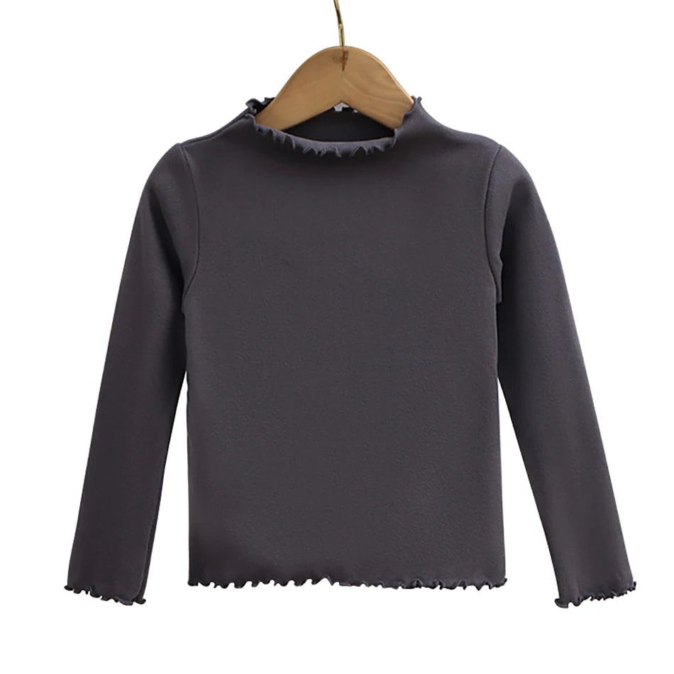 Kinder Kleidung Neue Mädchen Basis Shirt Für Herbst und Winter Kinder Trendy Schwarz Pilz Rand Einfarbig Lange Ärmeln T-shirt