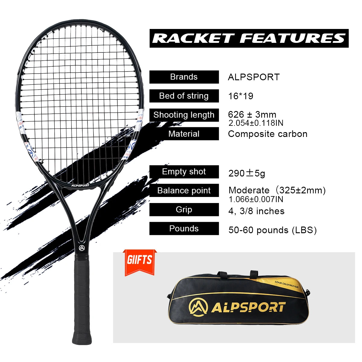 ALPSPORT T800 18K Professioneller Tennis-Schläger aus Carbonfaser – Leicht (280g) mit Tasche & Rutschfestem Gurt, Schneller Versand für Turniere