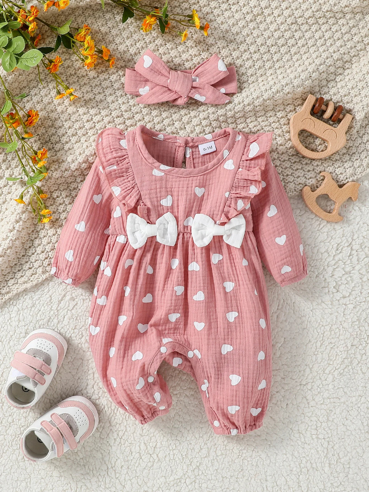 Baby-Mädchen-Overall für alle Jahreszeiten, langärmelig, mit Blumenmuster und Schleife, täglicher Overall für Neugeborene, 6 Monate Kleidung + Stirnband