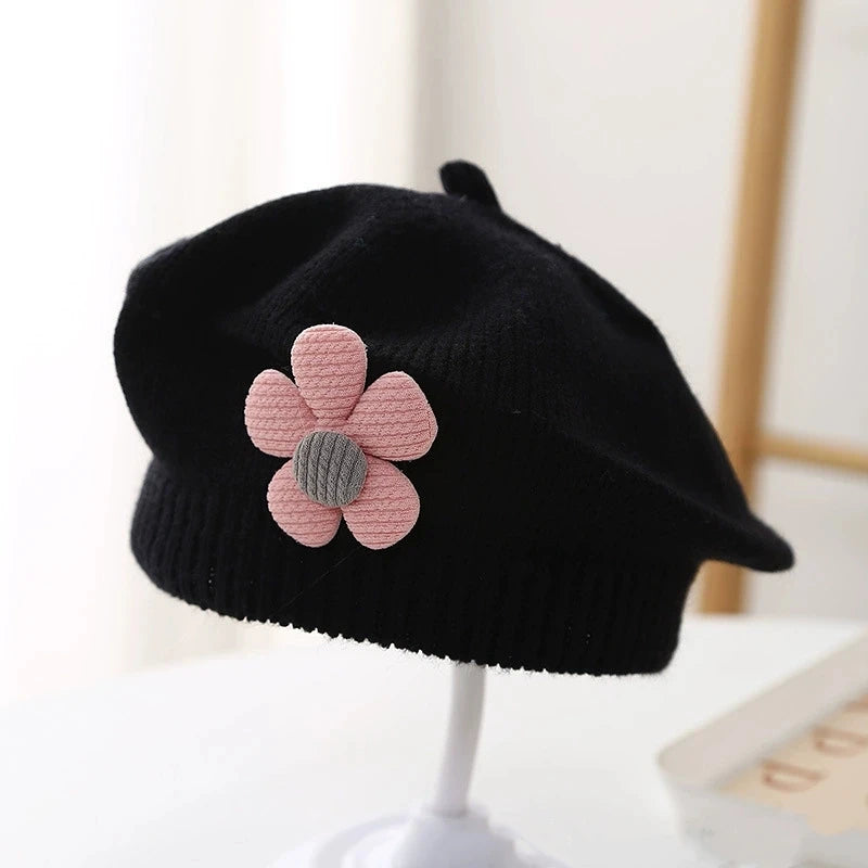 Blume Baby Baskenmütze Hut Winter Warme Gestrickte Beanie Cap für Kleinkind Mädchen Koreanische Kleinkind Prinzessin Künstler Einfarbig Maler Kappen