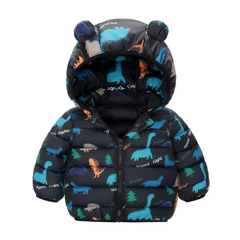 Kinder Jungen Baby Mit Kapuze Leichte Daunenjacken Warme Oberbekleidung Herbst Kinder Mädchen Mäntel Cartoon Dinosaurier Druck Freizeitkleidung