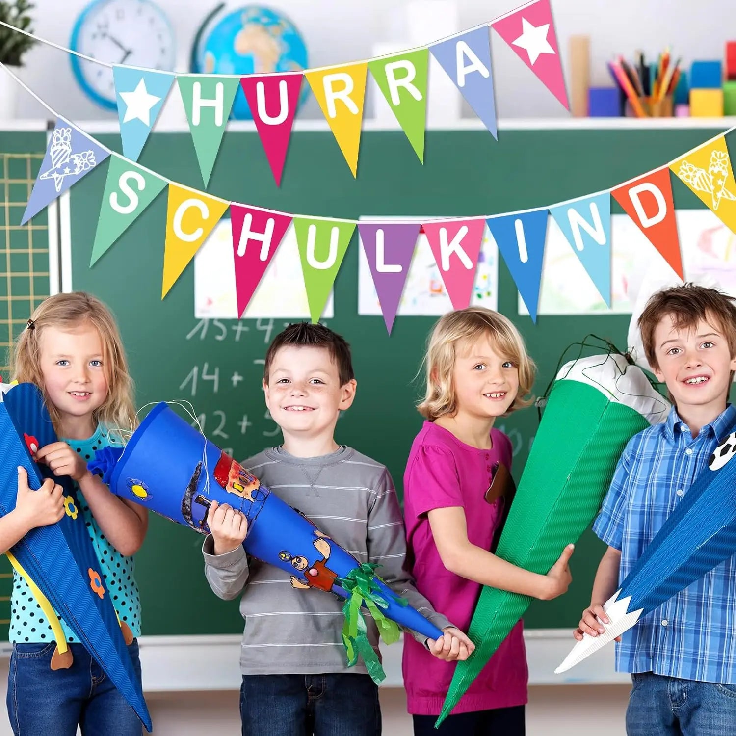Bunte Schulanfang-Deko: Wimpelkette und Banner aus Stoff, Girlande für den Schulanfang, Schuleinführung-Dekoration