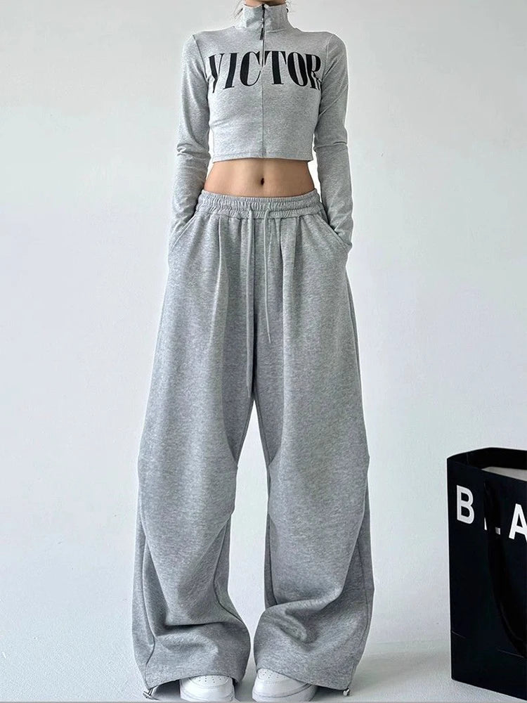 Y2K Harajuku Breite Bein Jogginghose Frauen Streetwear Baggy Oversize Grau Sport Hosen Hohe Taille Kordelzug Casual Jogger Hosen