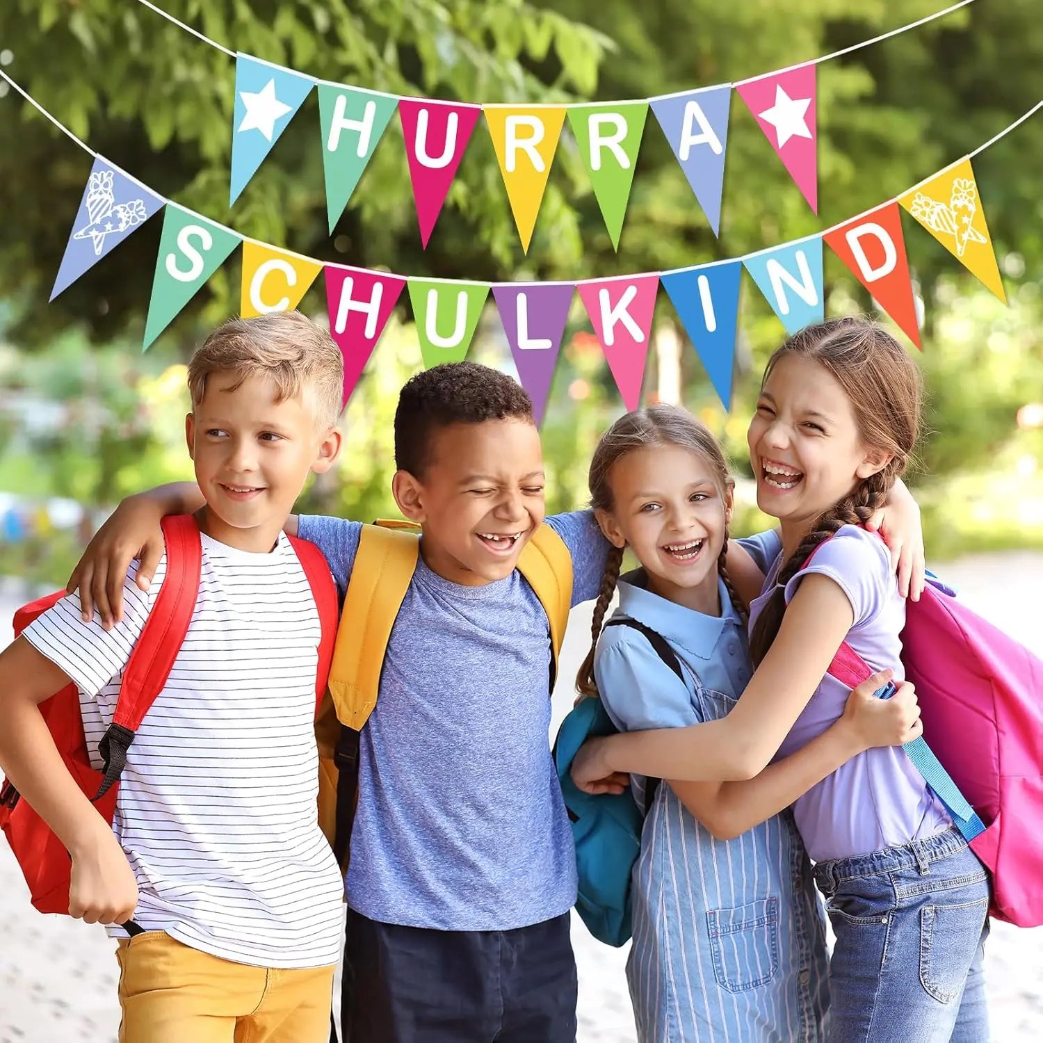 Bunte Schulanfang-Deko: Wimpelkette und Banner aus Stoff, Girlande für den Schulanfang, Schuleinführung-Dekoration