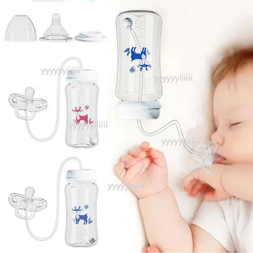 3-in-1 Freihändige Babyflasche 300ML mit Weitem Hals, Anti-Tropf-Schwerkraftstrohhalm und Milchaufbewahrungsflasche mit Sauger