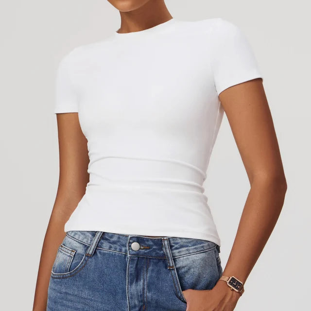 Damen-Sport-T-Shirt, Sommer, kurzärmelig, Laufen, Rundhalsausschnitt, atmungsaktiv, dehnbar, Fitnessstudio, Yoga, schlank, Fitness, aktives Top-T-Shirt