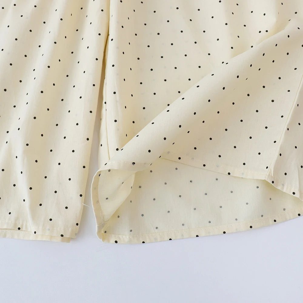 Bear Leader Baby-Mädchen-Freizeitkleidung, Rundhalsausschnitt, ärmelloses Polka-Dot-Oberteil + Hose mit weitem Bein, 2-teiliges Set mit Schleife und Knopf