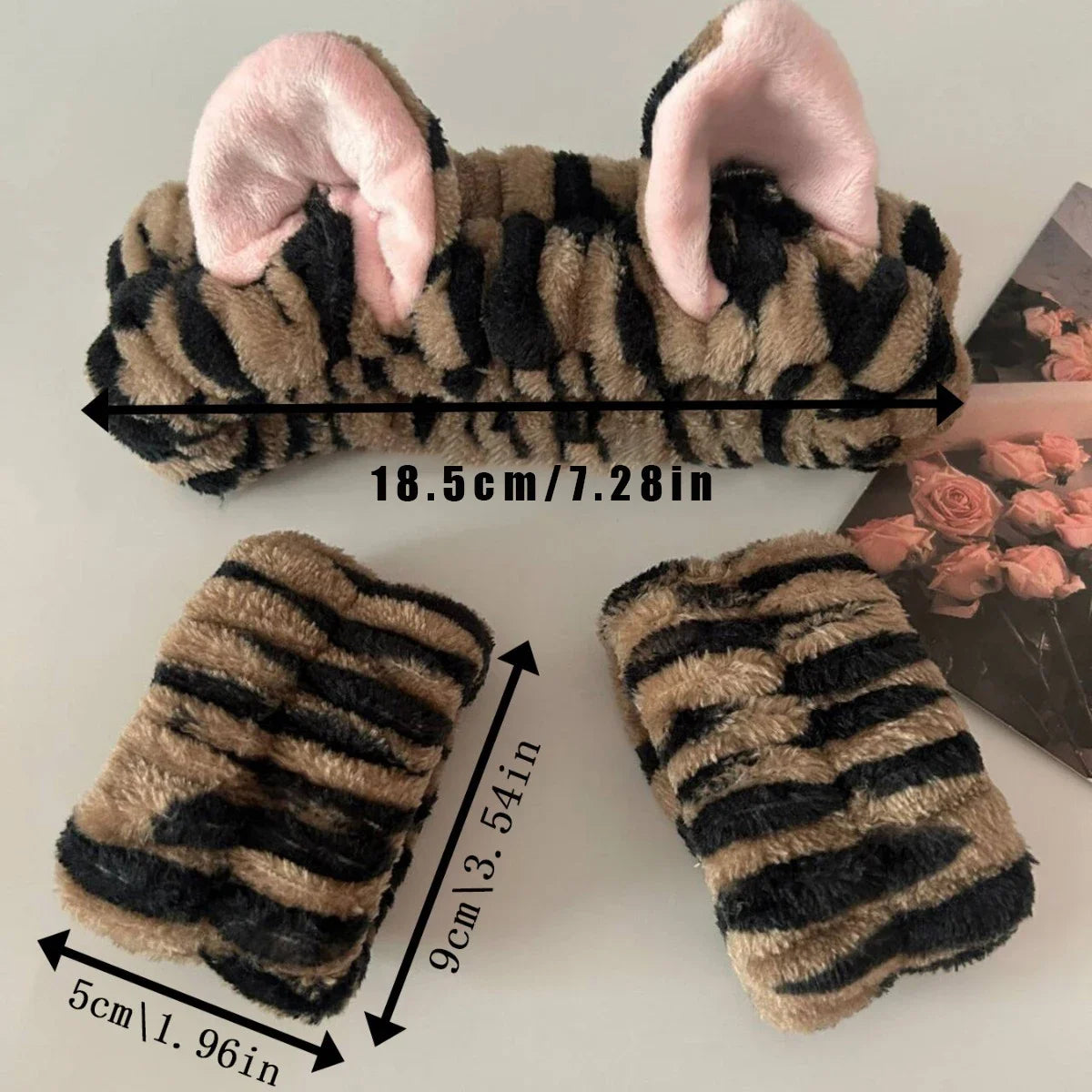 3 teile/satz Nette Katze Ohr Leopardenmuster Plüsch Stirnband Für Frauen Mädchen Spa Waschen Gesicht und Make-Up Stirnband Elastische Handgelenk strap