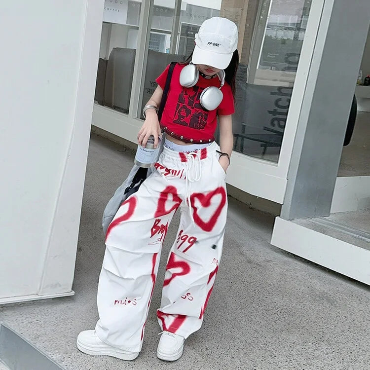 2026 Herbst Winter Teenager Trainingsanzug Mädchen Kleidung Herz Graffiti 1-teiliges T-Shirt Crop Top oder Lange Weite Hose Kinder 4 8 9 10 12 14 Jahre