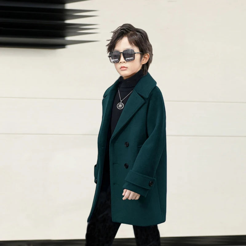 Teen Jungen Wolljacke Herbst Winter Neue Lange Stil Einfarbig Dicke Warme Revers Trenchcoat Für 3-10Y Kinder Hübsche Oberbekleidung