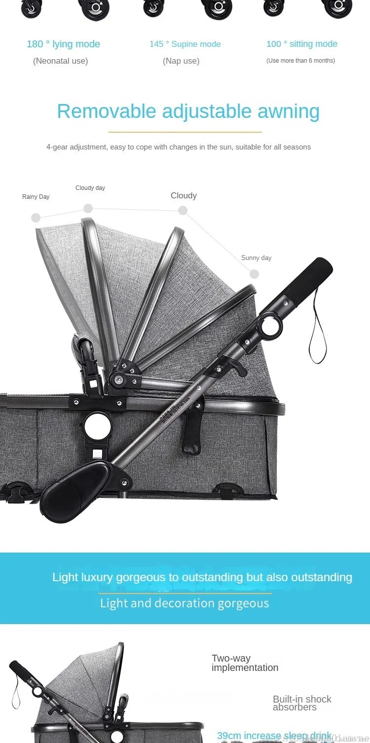 3-in-1-Kinderwagen, klappbar, beidseitig nutzbar, für alle Jahreszeiten, Kinderwagen, Babykutsche, hohe Sitzposition, für Neugeborene, Reisen