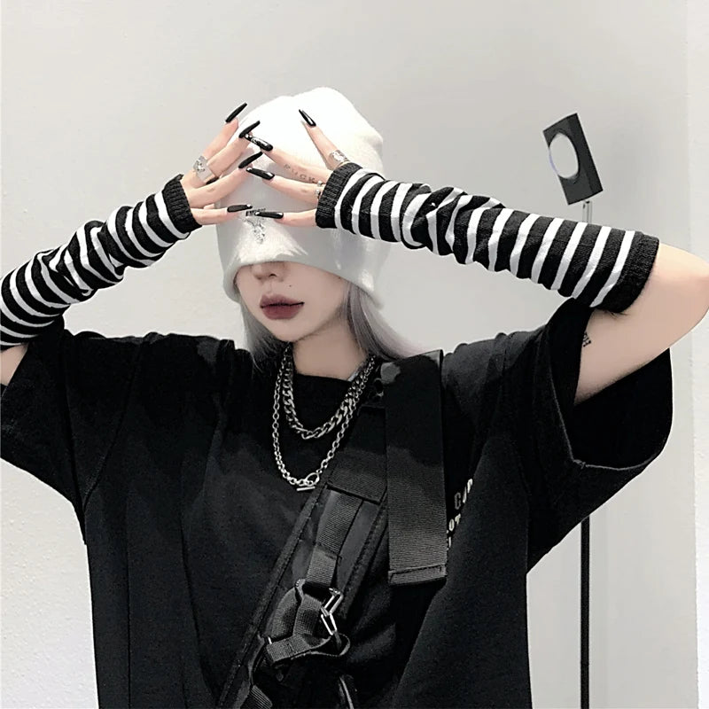 Winter Warme Lange Ärmel Handschuhe für Mann Frauen Fingerlose Streifen Hip-Hop Gestrickte Ellenbogen Fäustlinge Elastische Outdoor Wärmer Arm