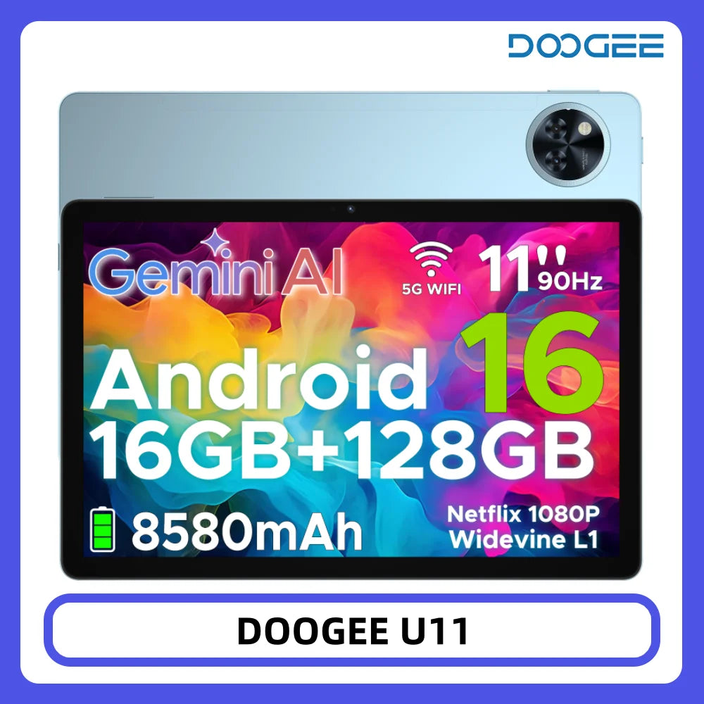 DOOGEE U11 Tablet 11 Zoll Ultra-Klares 90Hz Display 16GB 128GB 8580mAh Akku Unisoc T7200 Dual-Lautsprecher Widevine L1 Android 16 Pad