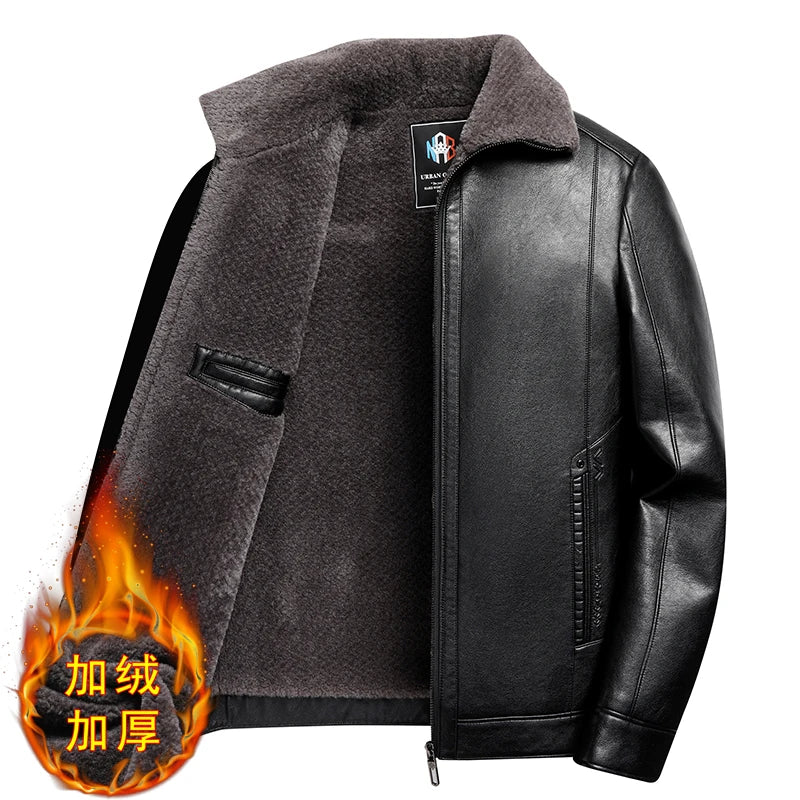Fügen Sie Fleece und verdickende Winter-Papa-Lederjacke für Opa mittleren Alters mit Pelzkragen, Mantel für Herren mittleren Alters für Wärme hinzu