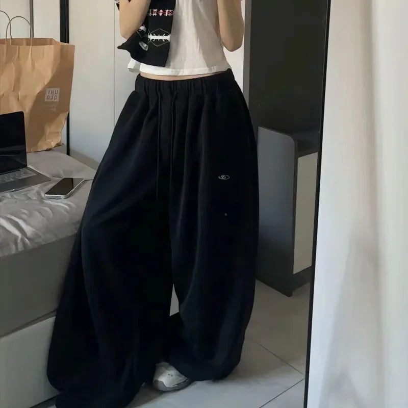 Amerikanischen Retro Hip-Hop Übergroßen Frau Schwarz Casual Jogginghose Koreanische Streetwear Lose Jogging Hosen Hohe Taille Breite Bein Hosen