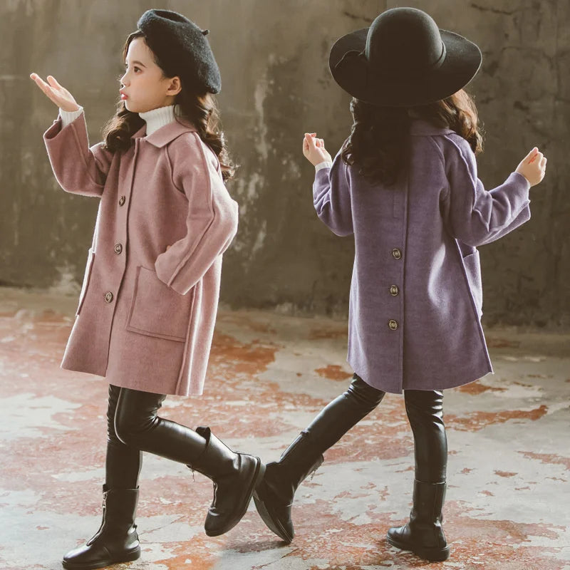 Winter Kinder Tweed Mäntel Herbst Mädchen Warme England Stil Mid-Länge Jacken Teen Mode Oberbekleidung Kind 5-12 Jahre alt