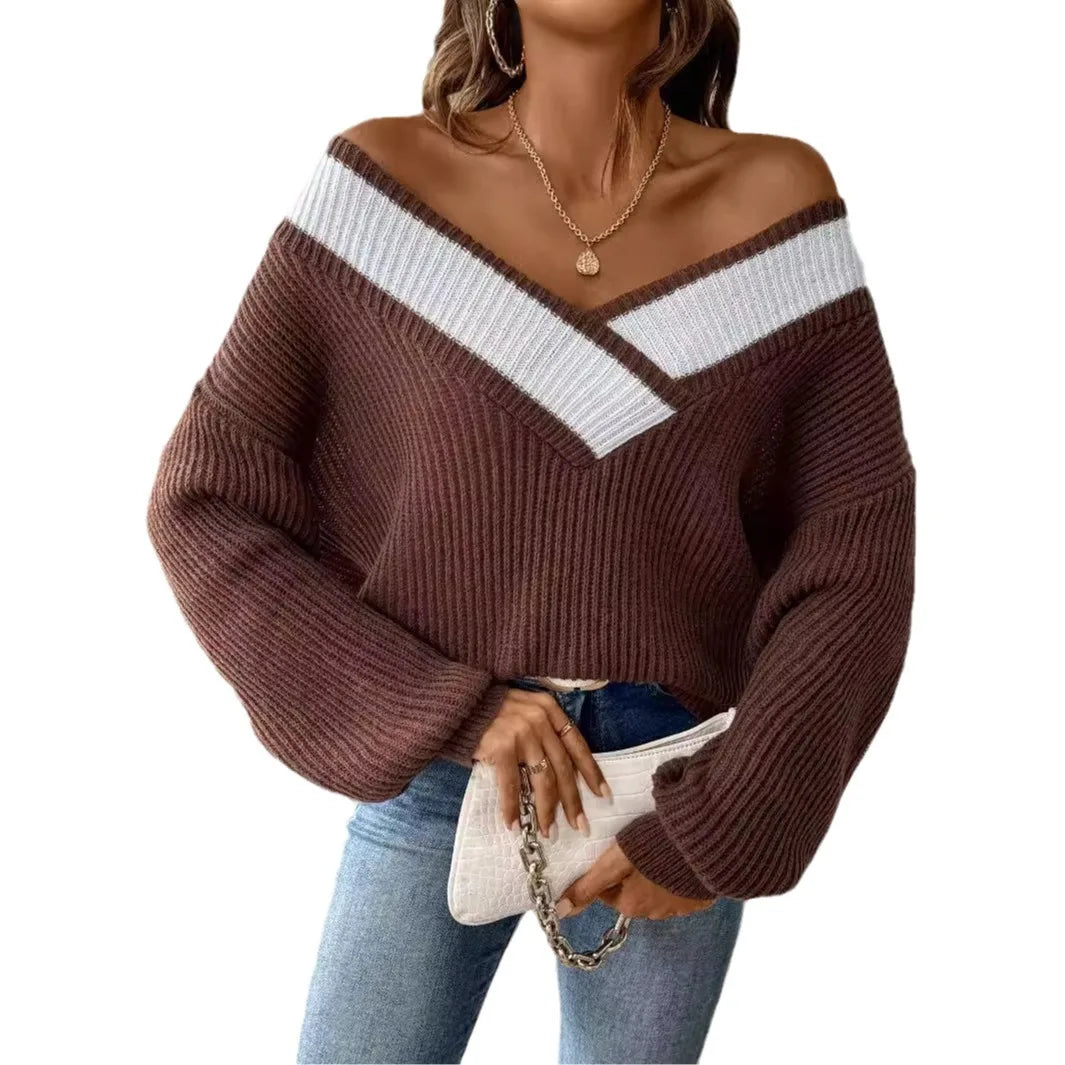 Frauen Invierno Pull Automne Femme Modische V-ausschnitt Lange ärmeln Lose Einfarbig Spleißen Pullover Pullover Herbst Modus Damen