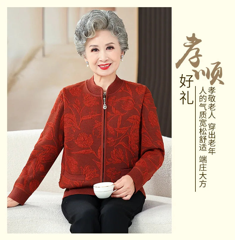Plus Size Frauen drucken Strickjacke Mantel mittleren Alters Mutter schlanke Pullover Jacke Oma Winter Plüsch warme Kleidung