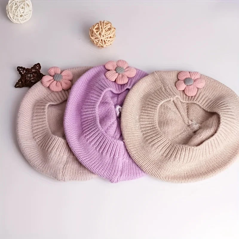Blume Baby Baskenmütze Hut Winter Warme Gestrickte Beanie Cap für Kleinkind Mädchen Koreanische Kleinkind Prinzessin Künstler Einfarbig Maler Kappen