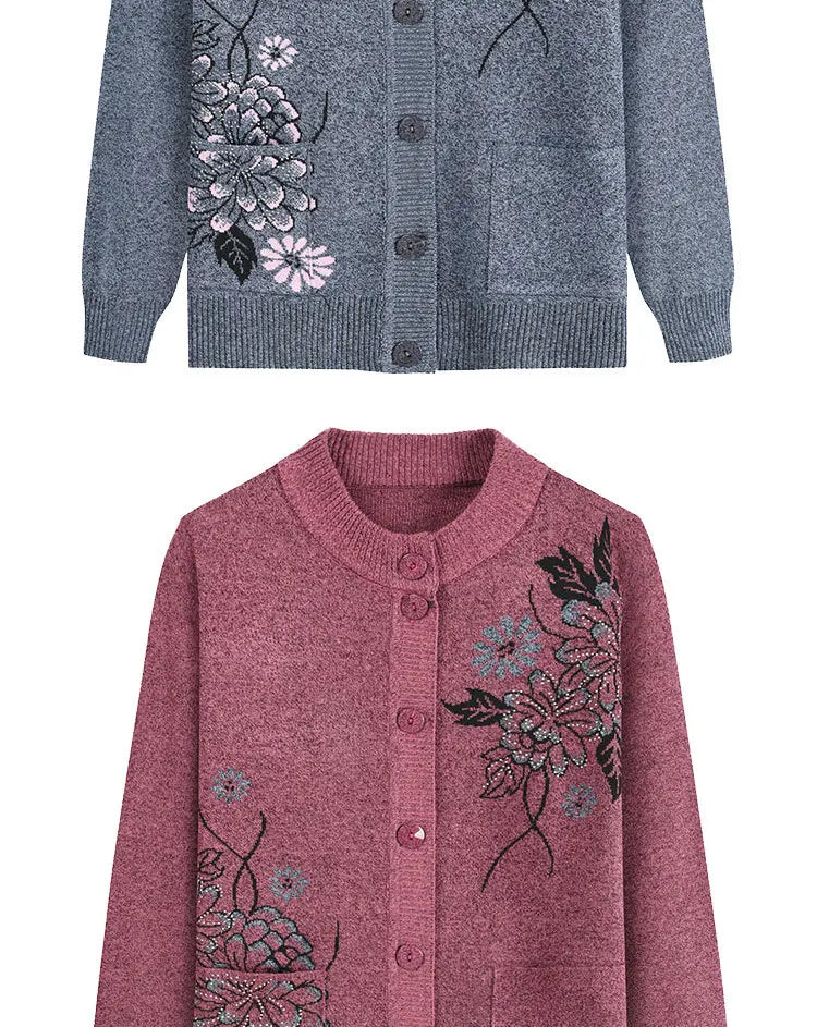 Neue Druck Mittleren Alters Mutter der Frühling Herbst Langarm Pullover Frauen Gestrickte Bodenbildung Shirt Wolle Winter Oma Strickjacke