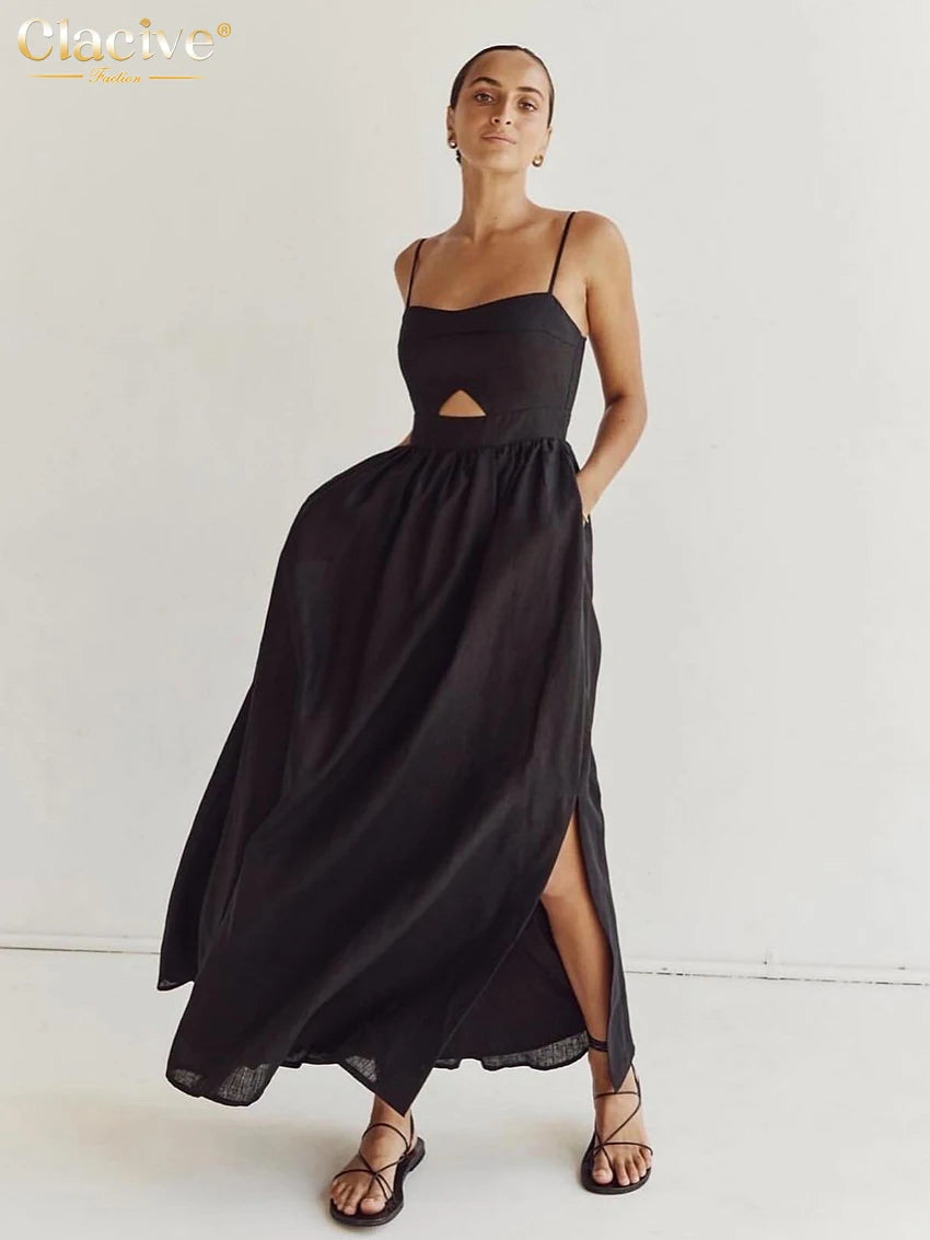 Clacive Sexy Lose Schwarz Baumwolle Damen Kleider 2024 Sommer Strap Ärmellose Knöchel Länge Kleid Elegante Aushöhlen Weibliche Kleid