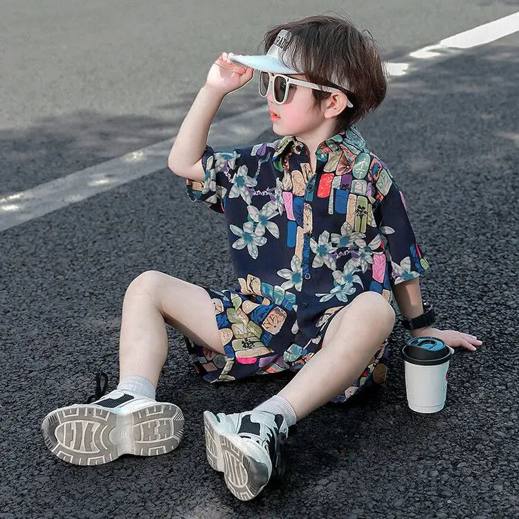 Bedrucktes Hemd, koreanische Kleidung, Kinder-Oberteil, Kinder ab 8–12 Jahren, Sommeranzug für Jungen, Kinder, Jungen, Kleidungsset, 4-altes Kostüm 7