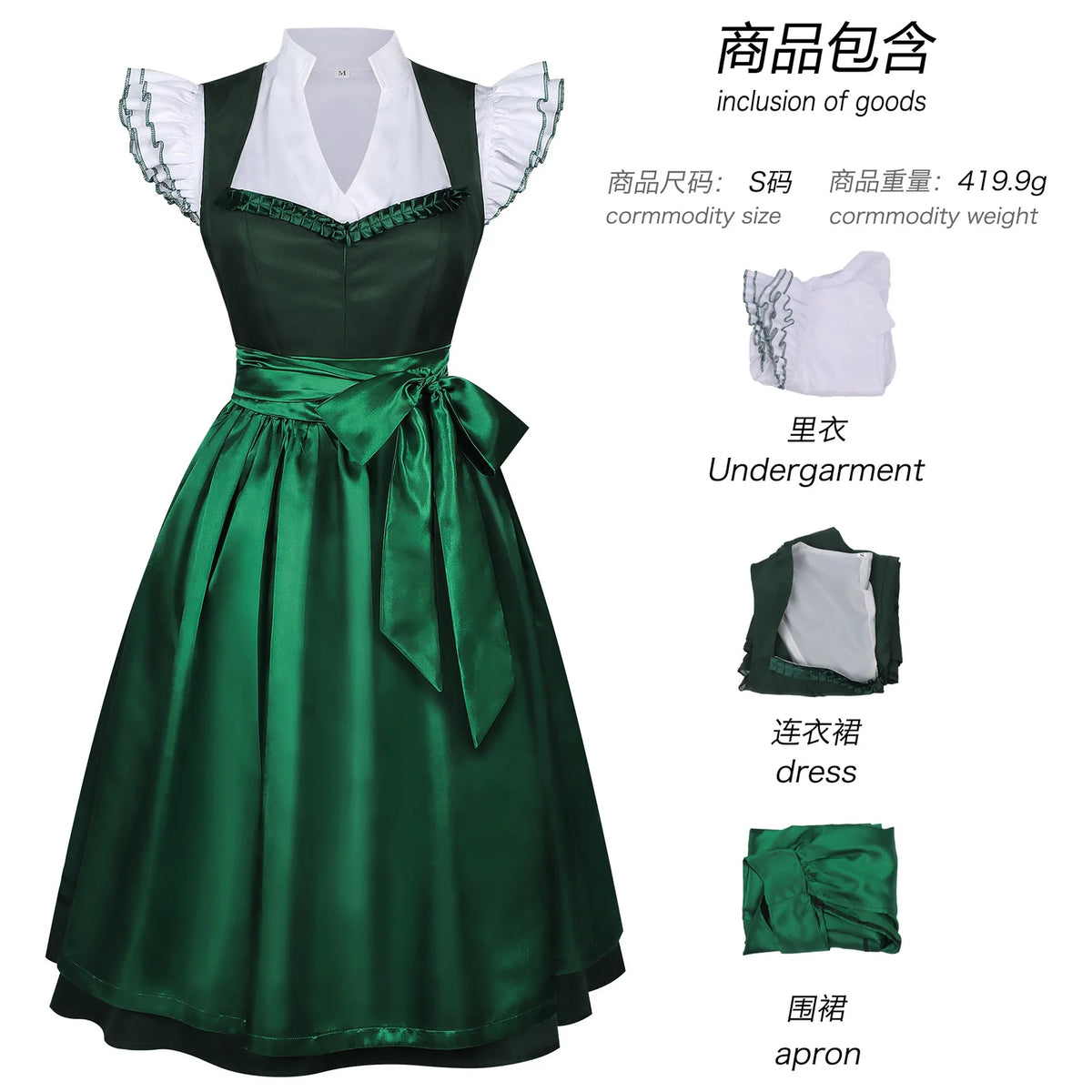 Damen-Dirndlkleid im mittelalterlichen Stil, deutsches Oktoberfest- und bayerisches Kleid mit Oberteil und Schürze, Kostüm für Halloween, Übergrößenkleid