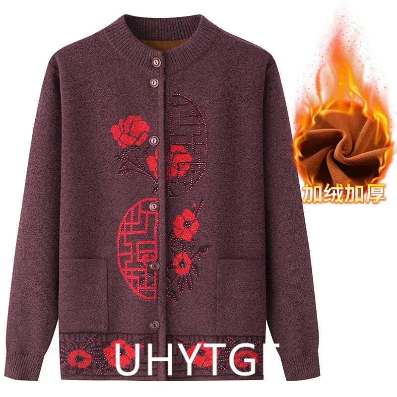 2025 Oma Pullover Frauen Frühling Herbst Pullover Mantel Mutter Strickjacke Für Frau Samt Strickwaren Weibliche Kleidung 5XL 2898