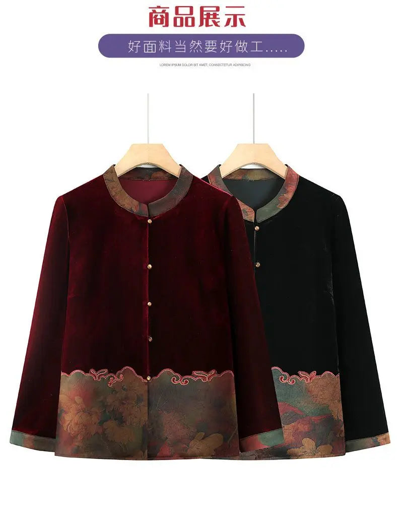 Samtjacke für ältere Frauen, Frühling/Herbst, Blumenmuster, Stehkragen, lange Ärmel, locker geschnittener Mantel für alte Großmütter