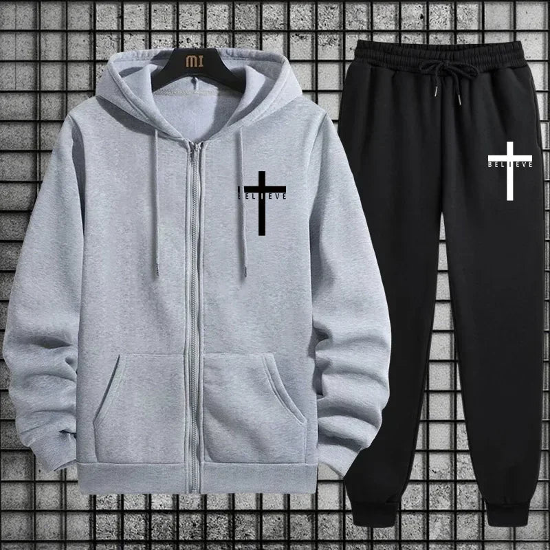 CrosofChrist Herren Hip-Hop Trainingsanzug 2025 N 2-teiliges Outfit Reißverschluss-Hoodie Jogger Urban Streetwear Herbst Winter Mode