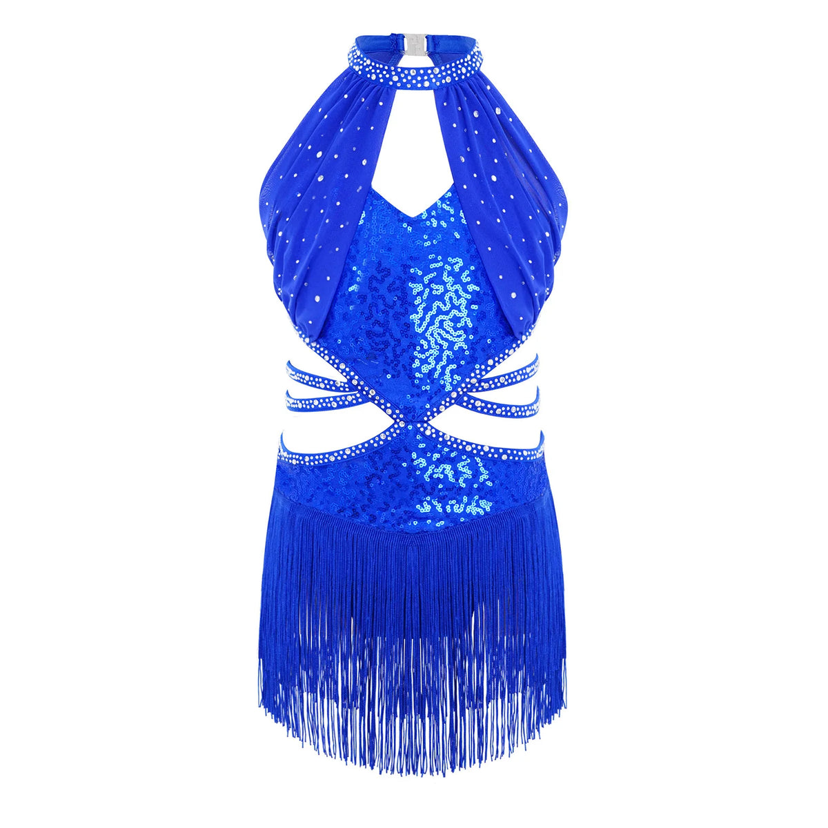 Glitzerndes Pailletten-Lateintanzkleid für Mädchen, Salsa, Jazz, Tango, ärmellos, gerüschtes Mesh-Overlay, Oberteil mit Quasten, Leotard-Kleid