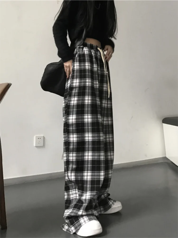 Oversize Frauen Jogginghose Mode Schwarz Plaid Casual Hosen Baggy Elastische Taille Taschen Student Unisex Hip Hop Lose Hosen