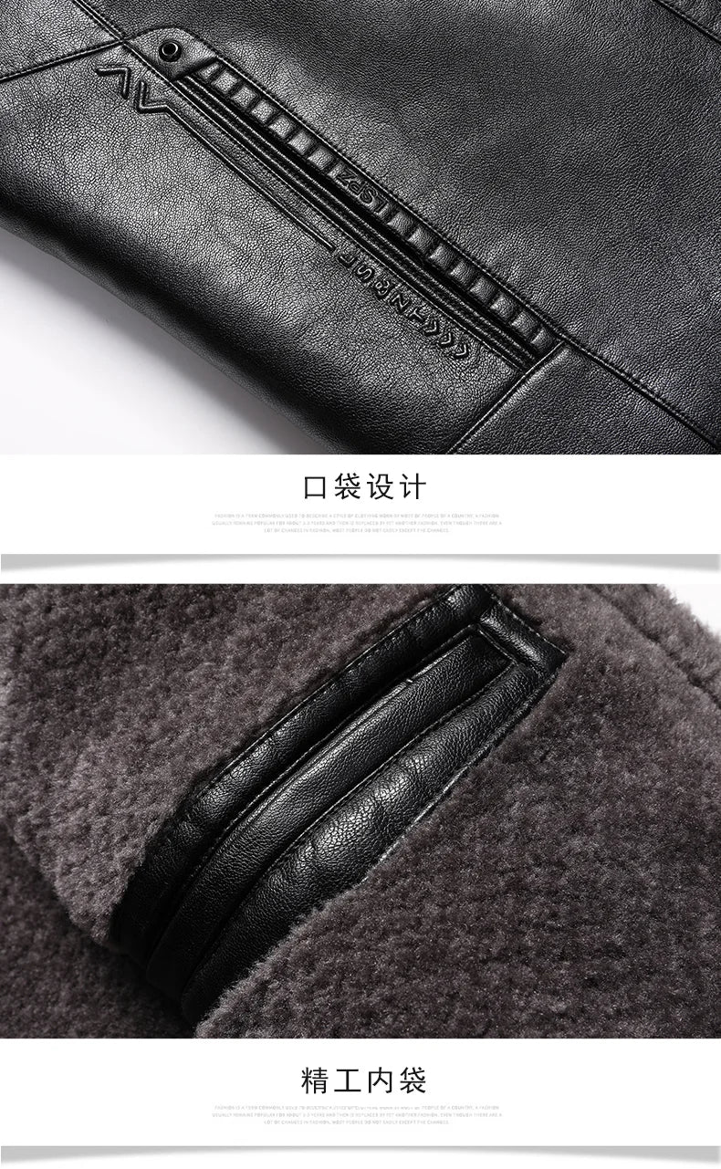 Fügen Sie Fleece und verdickende Winter-Papa-Lederjacke für Opa mittleren Alters mit Pelzkragen, Mantel für Herren mittleren Alters für Wärme hinzu