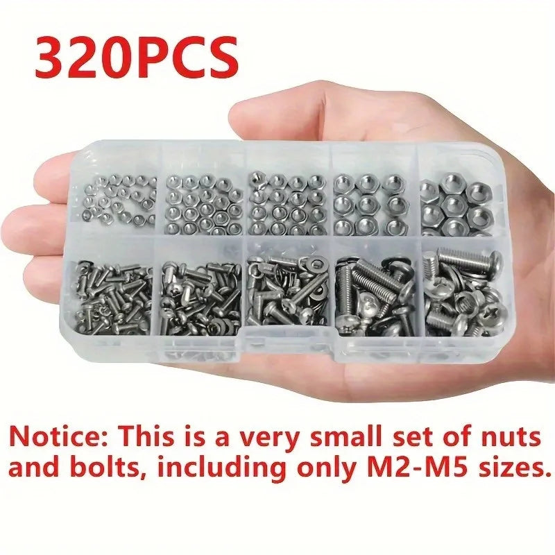 Hex Nut and Bolt Set - 320pcs/120pcs, Durable Metric Sizes M2 - M5, Universal Hardware Kit for DIY Projects and Repairs.