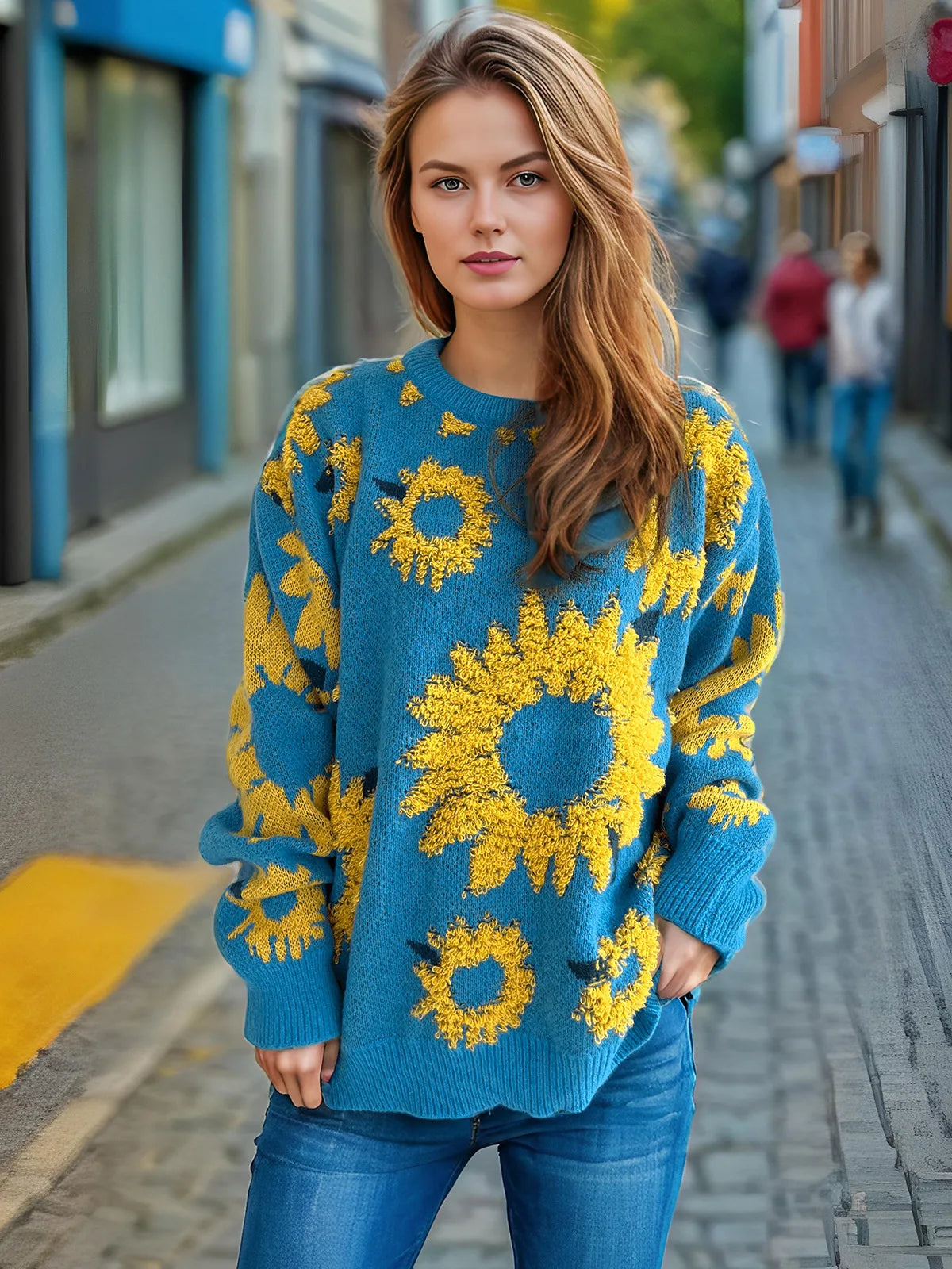 Damen Herbst Pullover Damen Mode Rundhalspullover mit Blumendruck, vielseitig einsetzbar für Herbst und Winter Herbst Pullover Damen