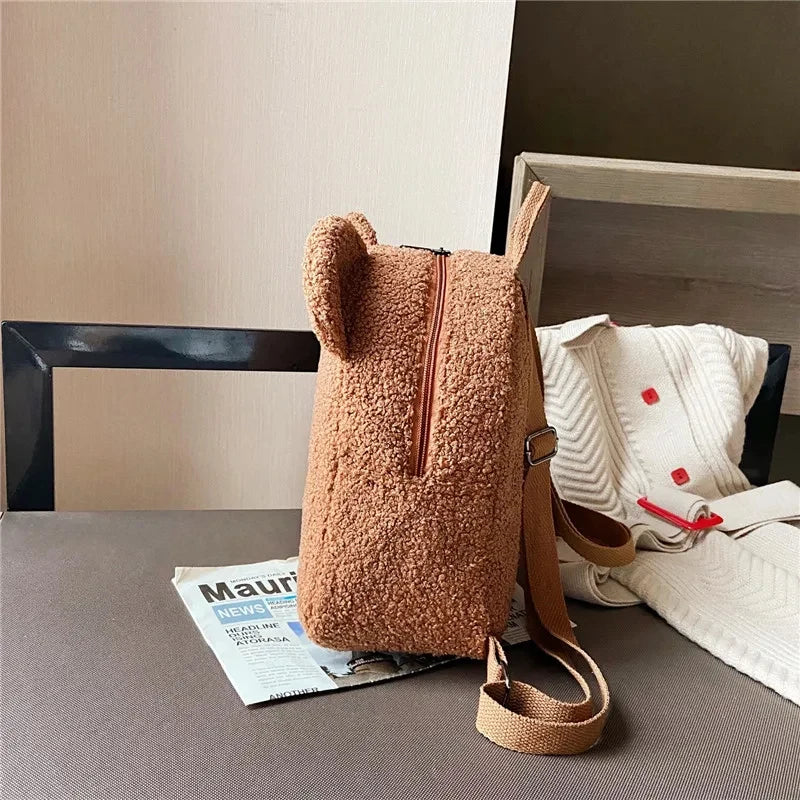 1 Stück Niedlicher Bärenohren-Fleece-Rucksack für Kinder Mädchen Lässiger Warmer Lammwoll-Tagesrucksack Schultasche Rucksack für Reisen und Einkaufen