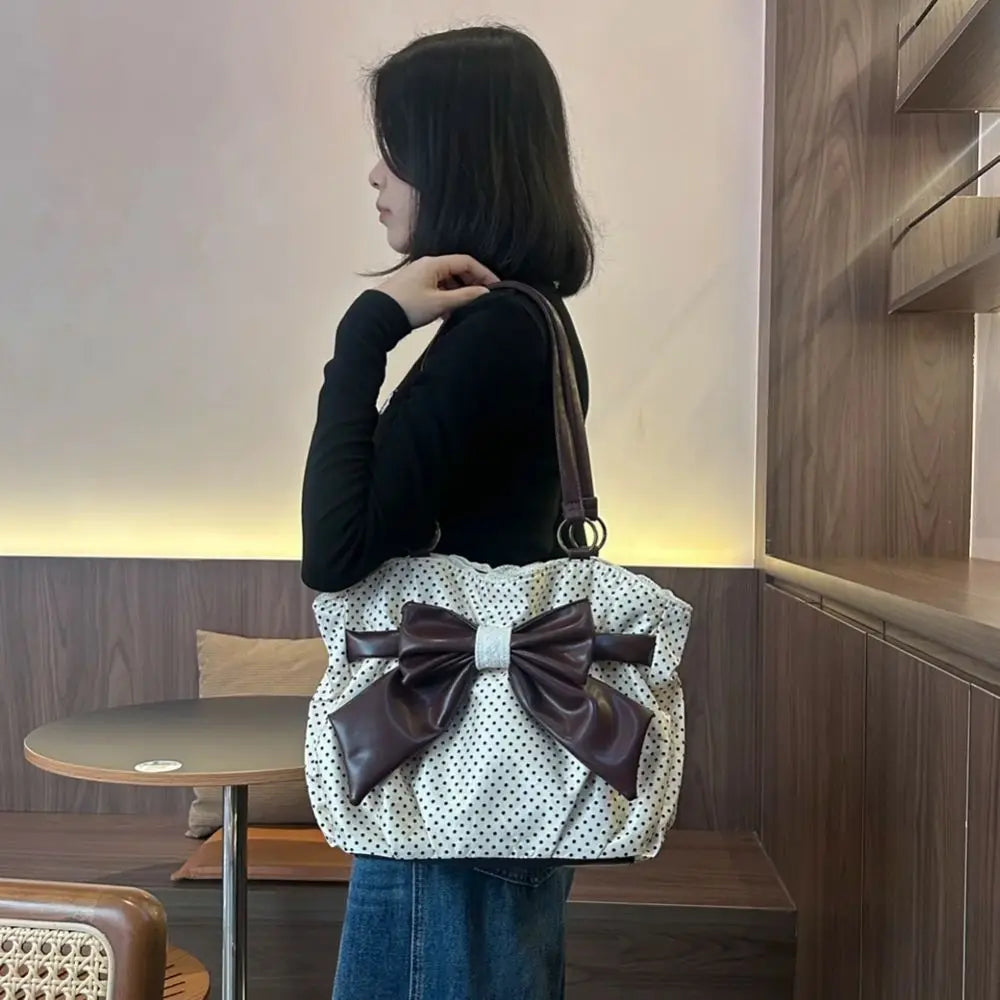 Trendy Vintage Damen Schleife Handtasche Ästhetische Dot Casual Chic Lady Schultertaschen Y2k All Match Ins Unterarmtasche Streetwear