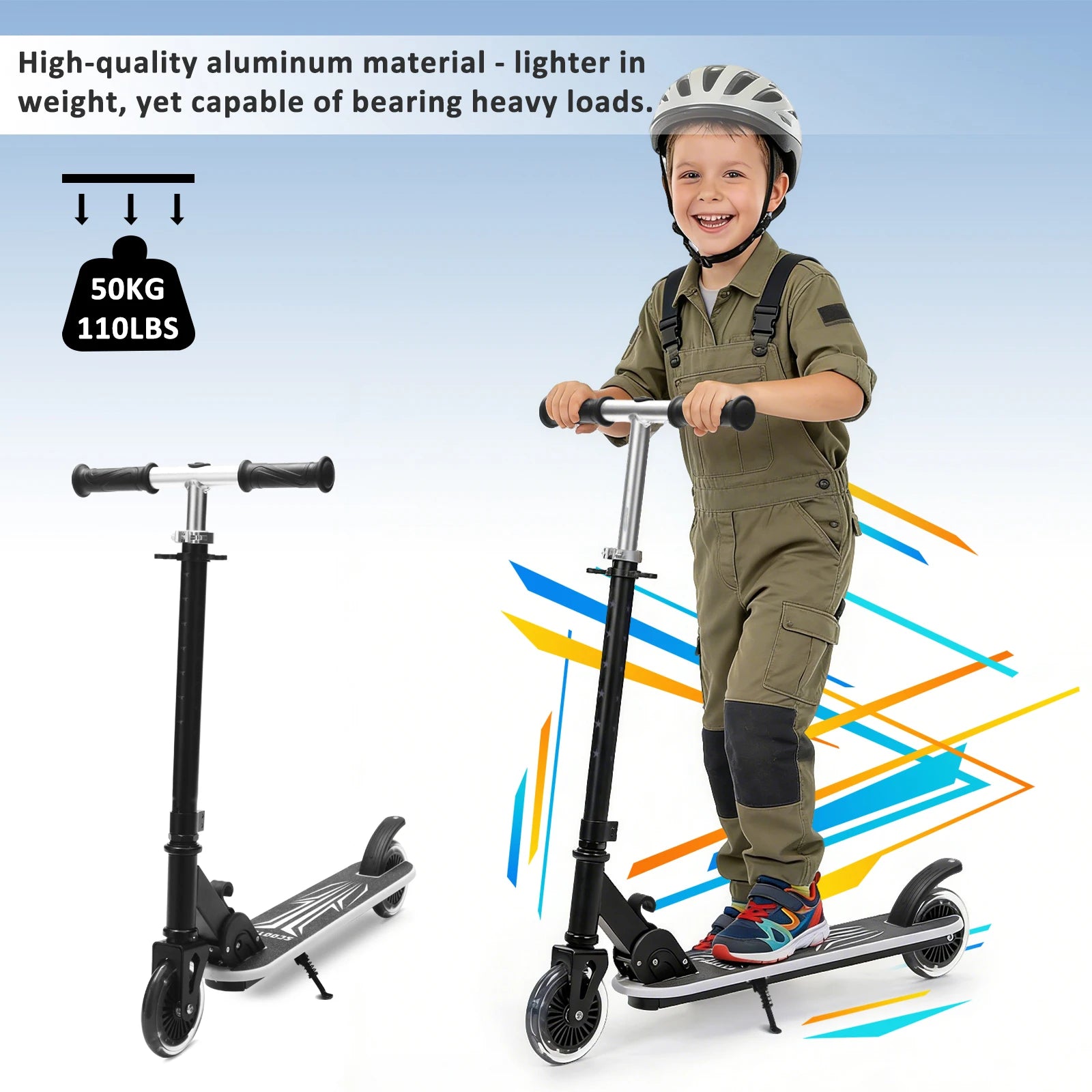 Kinderroller mit Ein-Klick-Faltmechanismus, 4-fach verstellbarer Lenker 75-90cm, Hinterradbremse, bunte Leuchträder & Pedale, 4,34-Zoll-Reifen