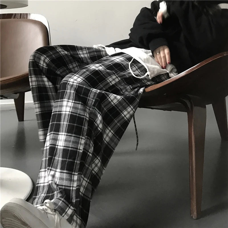 Oversize Frauen Jogginghose Mode Schwarz Plaid Casual Hosen Baggy Elastische Taille Taschen Student Unisex Hip Hop Lose Hosen